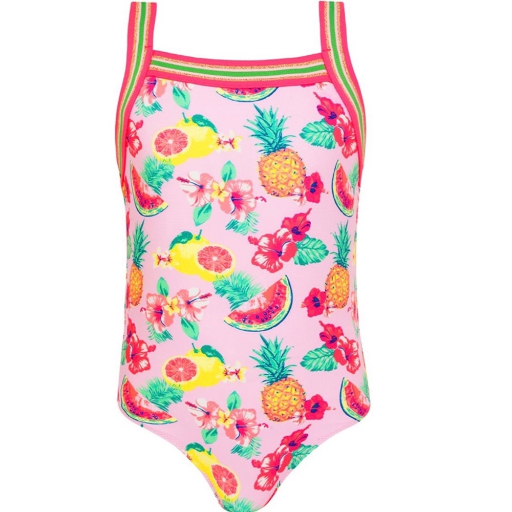 🍍Sunuva🍍One Piece Pink Aloha Glitter Trim Floral Swimsuit Girl Size 11-12
